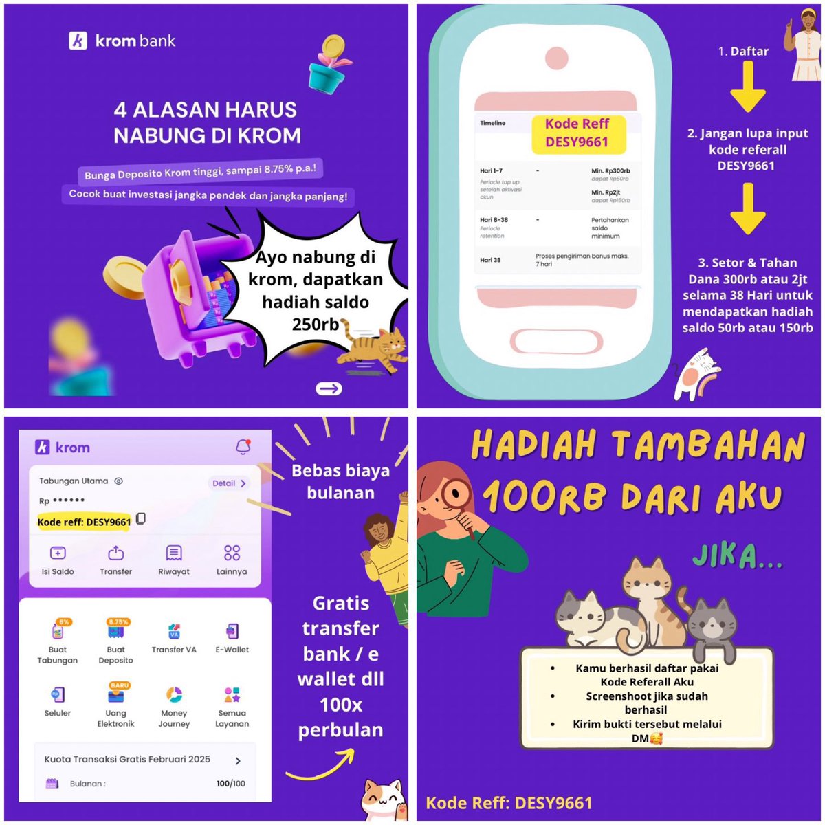 hatukucing's tweet photo. Promo Burek Krom Bank 

Nabung get saldo 250rb
Bebas biaya bulanan
Transfer &amp; isi e-wallet s.d 100x/bulan

Cukup nabung 300 ribu (hadiah 70rb) / 2 juta (hadiah 250rb) selama 30 Hari

Kode Ref Reff Referal Refferal masih tersedia

Masukin kode: DESY9661

#KromBank #zonauang https://t.co/Yp0vuHi9rY