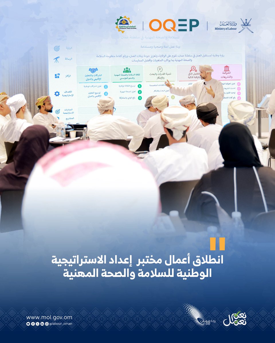 تصميم بخلفية من صورة من الورشة ونص مادة التصميم انطلاق أعمال مختبر إعداد الاستراتيجية الوطنية للسلامة والصحة المهنية