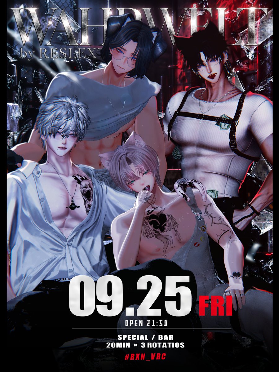 RXN_vrc's tweet photo. —— Wahrwelt by RESLEXION ——

二つの階。二つの夜。

【1F｜"熱"】
1:1 接客 ／ 事前抽選制
→ 下記事前応募フォームより受付

【2F｜"酔"】
1:2 接客 ／ リクイン制
→ 当日リクインにて受付

まずは、1Fの席を。
その夜の行先を決めるのは、貴方だ。

▼ Entry Form
https://t.co/eztNGwTfoi https://t.co/eUnb1KNQFM