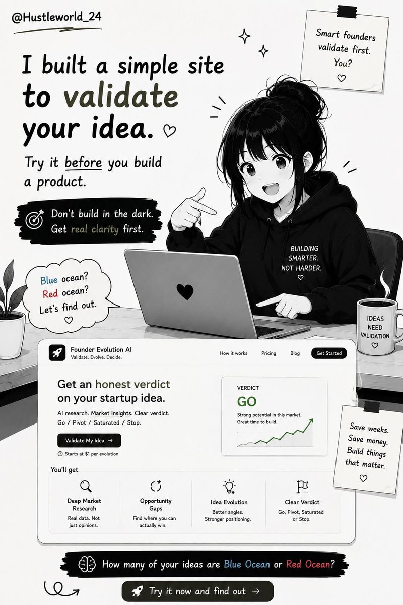 Hustleworld_24's tweet photo. Got an idea? 👀 Try validating it before spending weeks building.

https://t.co/GXDzKQjIiB

It gives you a market verdict — and if the idea has potential from another angle, the Pivot feature evolves it for you.
#IdeaValidation #StartupValidation #IndieHacker #MarketResearch #BuildInPublic