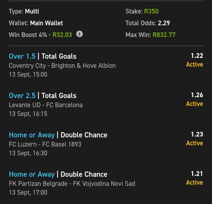 Gnbhengu's tweet photo. ⚽⚽⚽⚽⚽
Booking Code:03-301813
Odds: 2. 29
Promo Code:SURE50
Recreate our bet slip (3+ selections) and place a minimum stake of R5 to qualify for a potential reward this Saturday.
👉 See bio for full details
⚠️ 18+ only. T&Cs apply https://t.co/IHy8RQAkGR