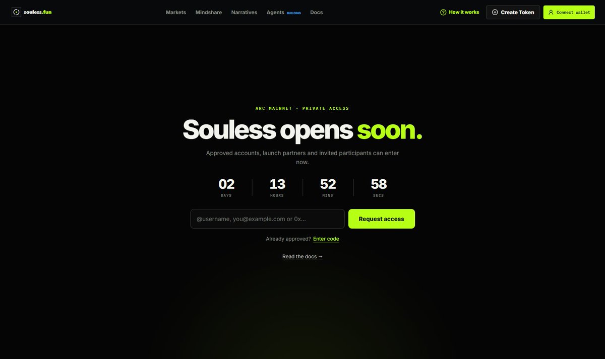 soulessdotfun's tweet photo. Souless mainnet is now behind a gate 

For now, access is reserved for Launch Partners and the people who stayed with us through private testnet.

If you applied for early access, check your email or connect the wallet you applied with.
You may already be in.

Then head to https://t.co/3n4tah1xnf, enter your access code or connect your approved wallet.

Public mainnet on @arc opens September 16.