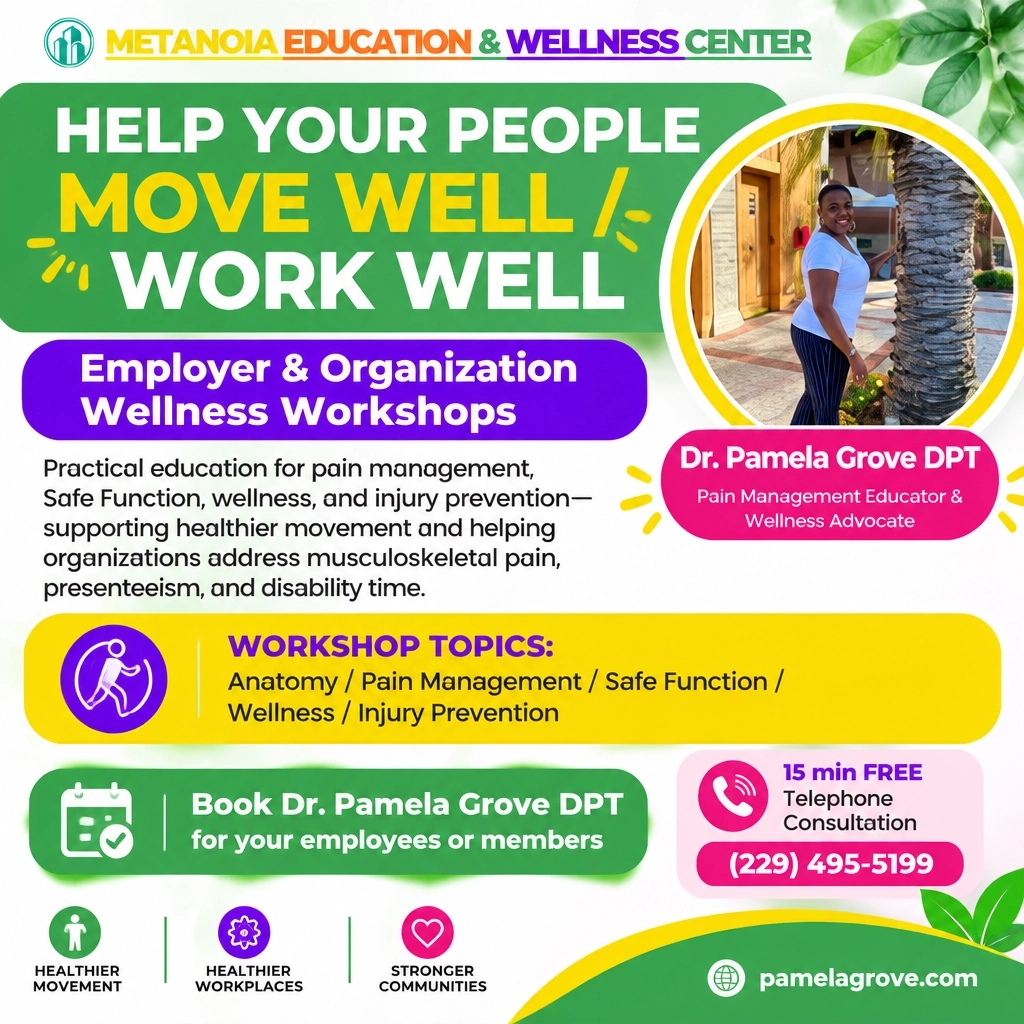 DptPamelaG's tweet photo. Employers/organizations: help your people move well, work well, and manage pain with confidence. Dr. Pamela Grove DPT offers Safe Function + Wellness Pain Be Gone workshops. https://t.co/k6ESIFELFU #PainManagement https://t.co/lf2gf5pvsi