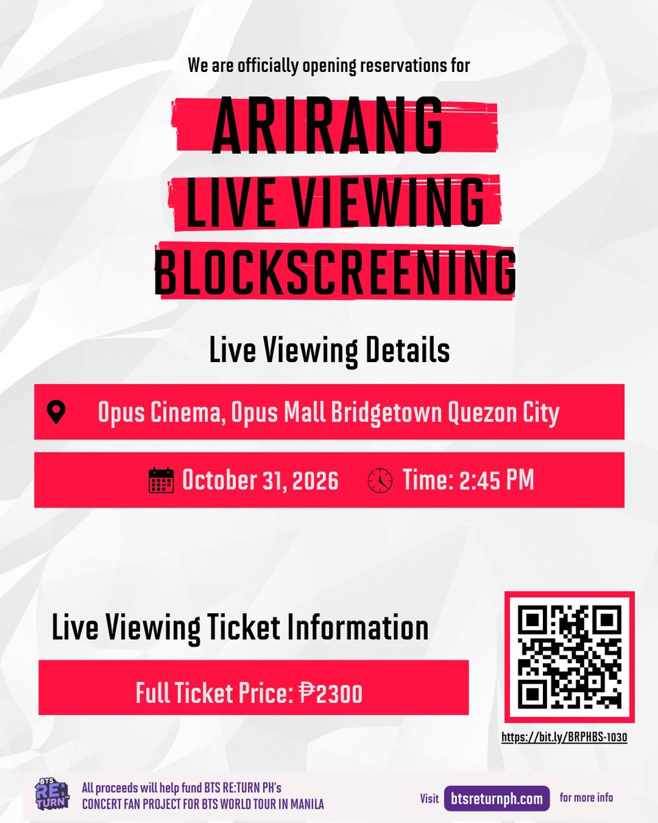 BTSisBackInPH's tweet photo. 💜 ARIRANG IN SAO PAULO LIVE VIEWING BLOCKSCREENING IS HERE! 🎬✨

Get ready to experience the excitement of BTS ARIRANG together with fellow ARMYs! Join us for an unforgettable afternoon filled with music, memories, and celebration! 💜

📅 October 31, 2026
⏰ 2:45 PM
📍 Opus Cinema, Opus Mall Bridgetowne, Quezon City

And that’s not all! 👀 Your experience comes with exciting inclusions:

☕ Coffee/Fizzy Drink
🍪 Oreo x BTS Biscuits
👜 Customized ARIRANG Tote Bag
☂️ ARIRANG Umbrella
📸 Photo Strips and a Photobooth Experience, sponsored by The Good Side Studios
🎟️ 1 Raffle Ticket
✨ And many more!

💜 All proceeds will help fund BTS RE:TURN PH’s 2027 Concert Fan Project Initiative for BTS WORLD TOUR IN MANILA.

🔗 Reserve your slot now: https://t.co/o1tbjS8ixI
🌐 Visit: https://t.co/4nKdfAVkqI for more information.

Let’s make this live viewing experience one to remember, ARMY! 🫶💜

#BTSRE_TURNPH #BTS_WORLDTOUR_ARIRANG