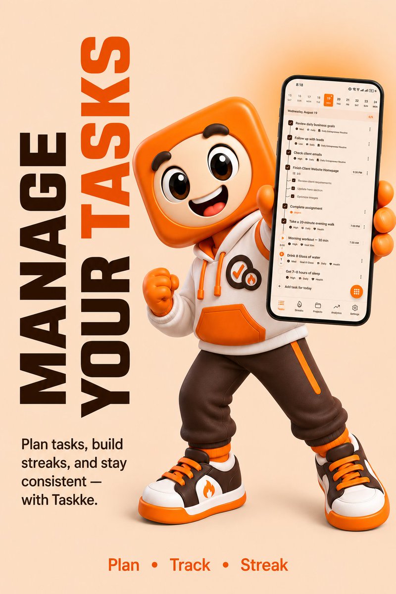 taskkeapp's tweet photo. 🔥 MANAGE YOUR TASKS like a pro!
Meet the Taskke mascot 😎
Plan tasks, build streaks, and stay consistent — all in one clean app.
✅ Daily routines
✅ Streak tracking
✅ Simple & powerful
Now available on Google Play #Taskke #Productivity #TaskManager #Streaks #NewApp https://t.co/vTO2y5r4Vi