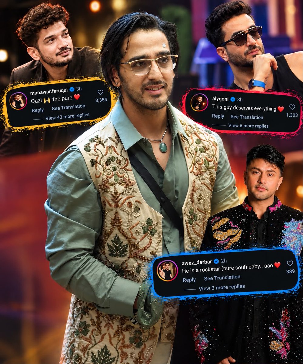 QaziTouqeerrFC's tweet photo. Three power-packed shoutouts for Qazi Touqeer ❤️🔥

Munawar Faruqui, Aly Goni &amp; Awez Darbar showing love on Qazi’s reel! 🫶✨

The love is REAL! 👑❤️

#QaziTouqeer #BiggBoss20 https://t.co/wNfuM2c1pG
