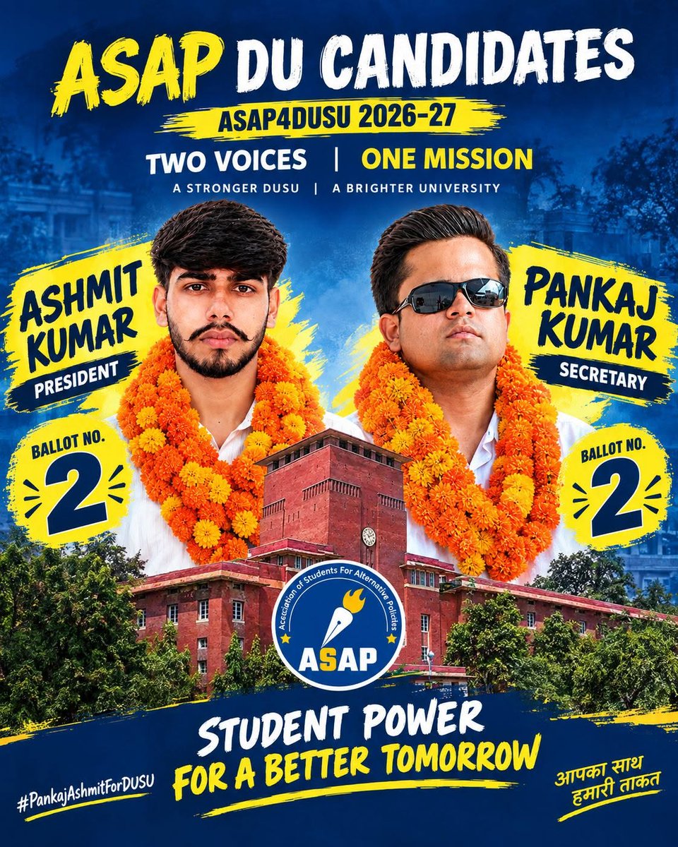 ASAP4Students's tweet photo. ASAP DUSU Candidates —
Ashmit Kumar (President) BALLOT NO. - 2
Pankaj Kumar (Secretary). BALLOT NO. - 2
Two voices. One mission. A stronger DUSU, a brighter university.
#ASAP4DUSU #AshmitKumar #PankajKumar #DUSU2026 https://t.co/r4sthKsAWE
