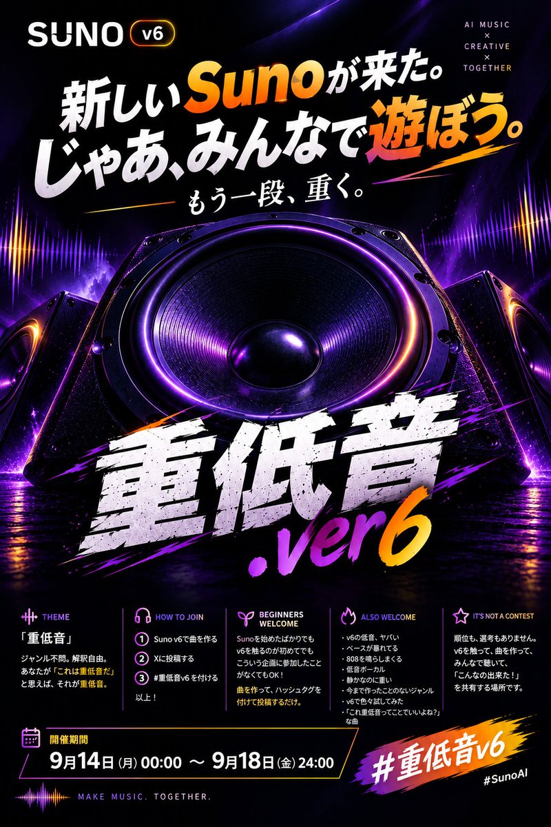 C_Synonym's tweet photo. #重低音v6 #SunoAI

【緊急告知】本日24:00開始

🔊🔊🔊

新しいSunoが来た。

じゃあ、

みんなで遊ぼう。

━━━━━━━━━━━━━━

「#残夏の重低音」に
たくさんのご参加ありがとうございました！

たくさんの「重低音」が集まって、
本当に楽しい企画になりました。

そして――

ちょうどその開催期間中に、
Suno v6がやってきました。

今、みんながv6を触って、
いろんな音を試しているところ。

だったら、

一人で試すより、
みんなで遊んだ方が面白い。

ということで……

━━━━━━━━━━━━━━

🔊 「重低音.ver6」

開催します！

もう一段、重く。

━━━━━━━━━━━━━━

🎵 テーマ

今回もテーマは、

「重低音」

低音ズンズンでもいい。
ベースが暴れててもいい。
キックが強烈でもいい。
808でもいい。
低い声でもいい。

静かなのに、なぜか重い。

そんな曲でもOK。

あなたが

「これは重低音だ」

と思えば、それが重低音。

ジャンル不問。
解釈自由。

━━━━━━━━━━━━━━

🎧 参加方法

① Suno v6で「重低音」をテーマに曲を作る
↓
② Xに投稿する
↓
③ 「#重低音v6」を付ける

以上！

━━━━━━━━━━━━━━

🌱 初心者も大歓迎！

Sunoを始めたばかりでもOK。

v6を触るのが初めてでもOK。

こういう企画に
参加したことがなくてもOK。

MVもいりません。
難しいルールもありません。

曲を作って、
ハッシュタグを付けて投稿するだけ。

━━━━━━━━━━━━━━

🔥 こんなのも大歓迎

・v6の低音、ヤバい
・ベースが暴れてる
・808を鳴らしまくる
・低音ボーカル
・静かなのに重い
・今まで作ったことのないジャンル
・v6で色々試してみた
・「これ重低音ってことでいいよね？」な曲

正解はありません。

むしろ、

「こんな音になった！」

をみんなで楽しみましょう。

━━━━━━━━━━━━━━

🎶 「重低音.ver6」は、
コンテストではありません。

順位もありません。
選考もありません。

v6を触って、
曲を作って、
みんなで聴いて、

「こんなの出来た！」

を共有する場所です。

━━━━━━━━━━━━━━

📅 開催期間

9月14日（月）00:00
〜
9月18日（金）24:00

━━━━━━━━━━━━━━

「残夏の重低音」は今日で一区切り。

でも、

新しいSunoが来た。

じゃあ、

みんなで遊ぼう。

そして――

もう一段、重く。

🔊 **重低音.ver6**