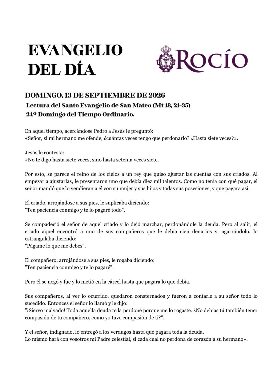 RociodeMalaga's tweet photo. 📖𝐄𝐕𝐀𝐍𝐆𝐄𝐋𝐈𝐎 • «𝐍𝐨 𝐭𝐞 𝐝𝐢𝐠𝐨 𝐪𝐮𝐞 𝐩𝐞𝐫𝐝𝐨𝐧𝐞𝐬 𝐡𝐚𝐬𝐭𝐚 𝐬𝐢𝐞𝐭𝐞 𝐯𝐞𝐜𝐞𝐬, 𝐬𝐢𝐧𝐨 𝐡𝐚𝐬𝐭𝐚 𝐬𝐞𝐭𝐞𝐧𝐭𝐚 𝐯𝐞𝐜𝐞𝐬 𝐬𝐢𝐞𝐭𝐞.»

𝐑𝐞𝐟𝐥𝐞𝐱𝐢𝐨́𝐧: 
El Evangelio nos invita a reconocer nuestra pobreza espiritual y nuestros pecados, confiando en la infinita misericordia de Dios. Como un padre que perdona a su hijo arrepentido, el Señor acoge nuestras súplicas y nos libera de nuestras deudas.

Pedimos perdón a Dios y la gracia de perdonar a quienes nos han ofendido, transformando el resentimiento en misericordia.— 𝐒𝐚𝐧 𝐅𝐫𝐚𝐧𝐜𝐢𝐬𝐜𝐨 𝐝𝐞 𝐒𝐚𝐥𝐞𝐬, 𝐨𝐛𝐢𝐬𝐩𝐨 (𝐬. 𝐗𝐕𝐈𝐈) ✠

📸 @LMFotosCofrades