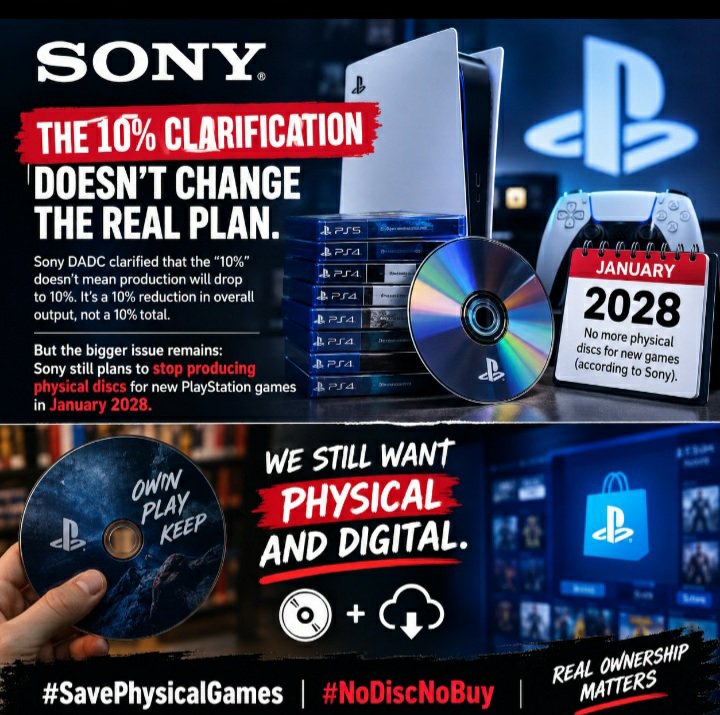 disc2028's tweet photo. SONY CLARIFIED THE 10%— BUT THE REAL PROBLEM REMAINS.
The disc plant isn’t dropping to10% output.But Sony still plans to stop producing physical discs for new PlayStation games in January2028
So don’t confuse the clarification with a reversal.
We still want PHYSICAL AND DIGITAL✊ https://t.co/NdOCIoQRru