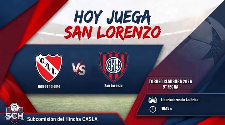 schcasla's tweet photo. ⚽ ¡HOY JUEGA SAN LORENZO! 🔴🔵

Arranca una nueva etapa. El Ciclón visita Avellaneda en lo que será el debut de Rubén Darío Insúa al frente del equipo en su tercer ciclo como Director Técnico.

Enfrente estará el Independiente de Jadson Viera, en un clásico determinante por la novena fecha del Torneo Clausura 2026. Ambos equipos necesitan los tres puntos para acomodarse en la Zona A de cara a los playoffs y sumar en la Tabla Anual pensando en la clasificación a las copas del 2027.

📍 Estadio: Libertadores de América - Ricardo Enrique Bochini

⏰ Hora: 19:15 hs

🏆 Torneo: Clausura 2026 — Fecha 9

▪️ Árbitro: Facundo Tello

¡Todos juntos por los tres puntos!

¡VAMOS SAN LORENZO! 🔴🔵

#SanLorenzo #Boedo #SchCasla