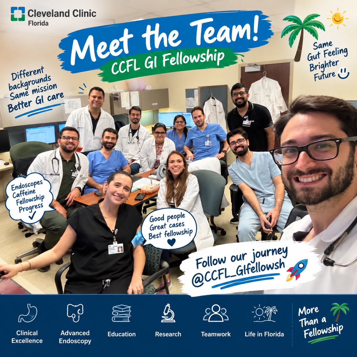 DrAhmedSalem2's tweet photo. Excited to share the launch of our official Cleveland Clinic Florida GI Fellowship X account! π΄π©Ί
A new home to celebrate our incredible fellows & faculty, education, research, endoscopy, and everything #CCFLGI.
Follow us @CCFl_GIfellowsh and join the journey! ππ https://t.co/HdyBW8DG5R