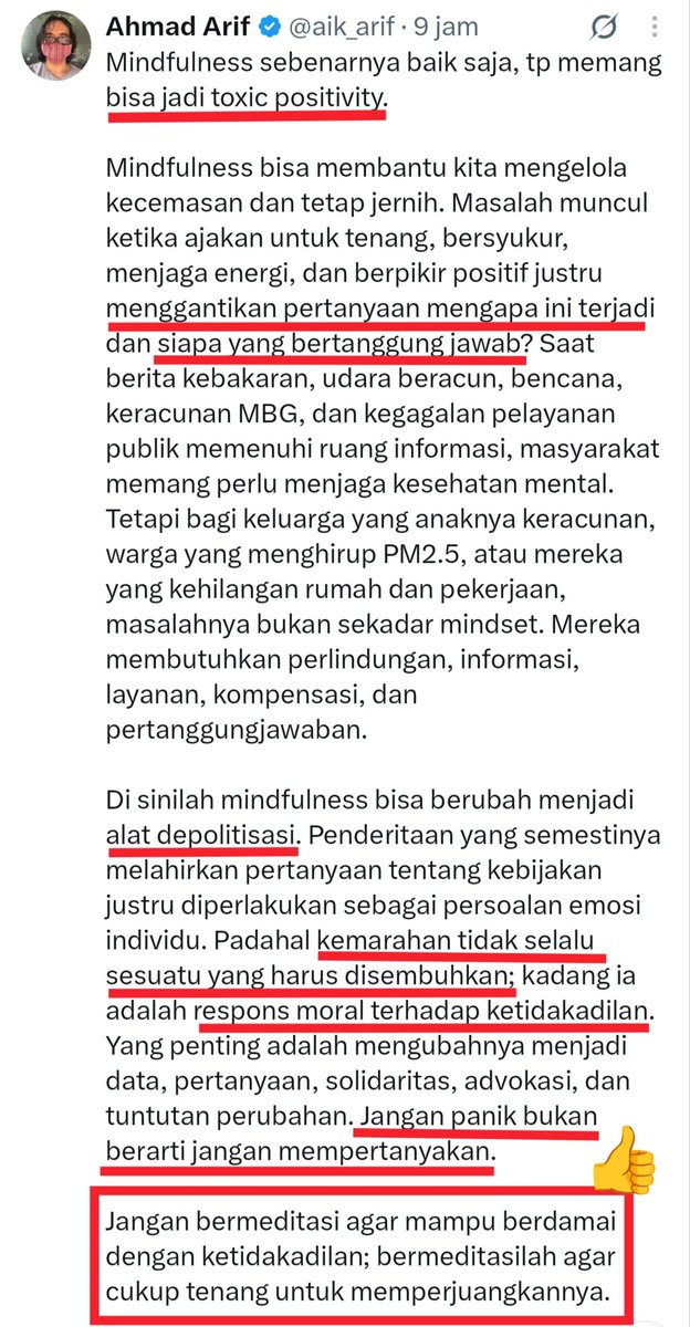 gumpnhell's tweet photo. Ketika ajakan mindfulness menggeser pertanyaan 'mengapa ini terjadi', 'siapa yg tanggung jawab', maka dia menjadi alat depolitisasi. Semacam candu yg disukai penguasa u/ mengendalikan massa agar tidak berpikir kritis hingga pasrah atas ketidakadilan yg terjadi. https://t.co/3E3FFX2kC9