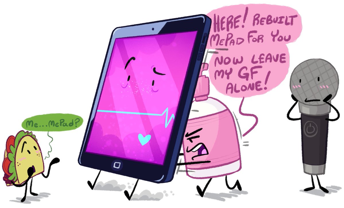 IceTheCatArtist's tweet photo. Drawing MePad daily until I get the MePad plush day 256 π©΅ feat. Taco, Microphone + Soap
Crack Theory: Soap rebuilds MePad so she can have Mic all to herself without Taco's meddling
#inanimateinsanity #TacoPad #SourScreen #TacoMic #TacoMicSoap #MicSoap https://t.co/nGYefQNgLR