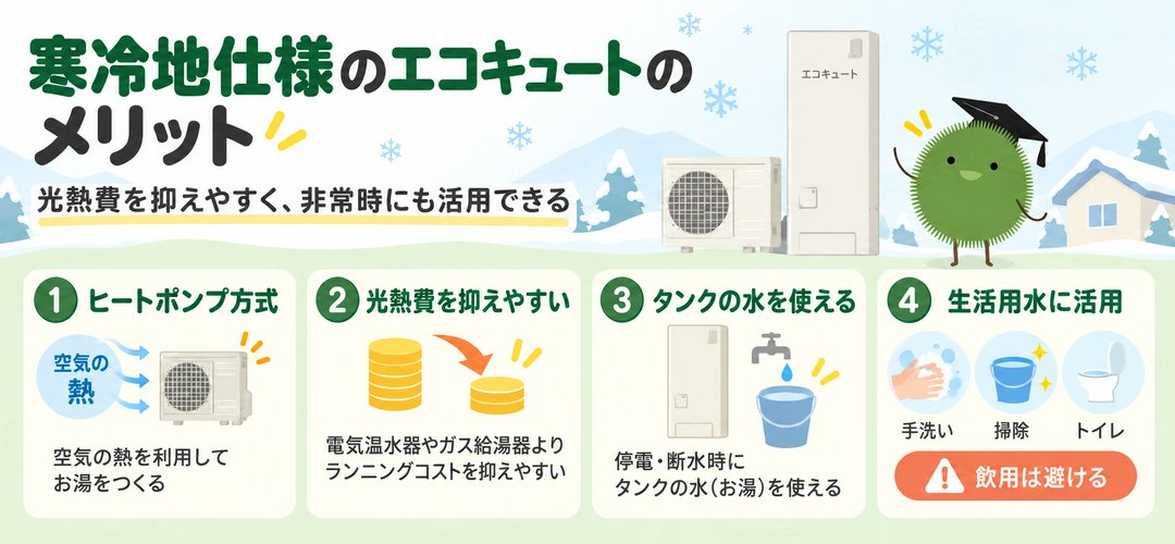 priceenergy_com's tweet photo. 【❄️寒冷地仕様のエコキュートとは？】

空気の熱を利用してお湯をつくるエコキュートは、光熱費を抑えやすいのが特徴。
さらに、停電・断水時にはタンクの水を生活用水として活用できる場合もあります。

寒冷地仕様ならではの特徴や導入時のポイントを、記事で紹介しています👇 https://t.co/kxmeG7MWVW