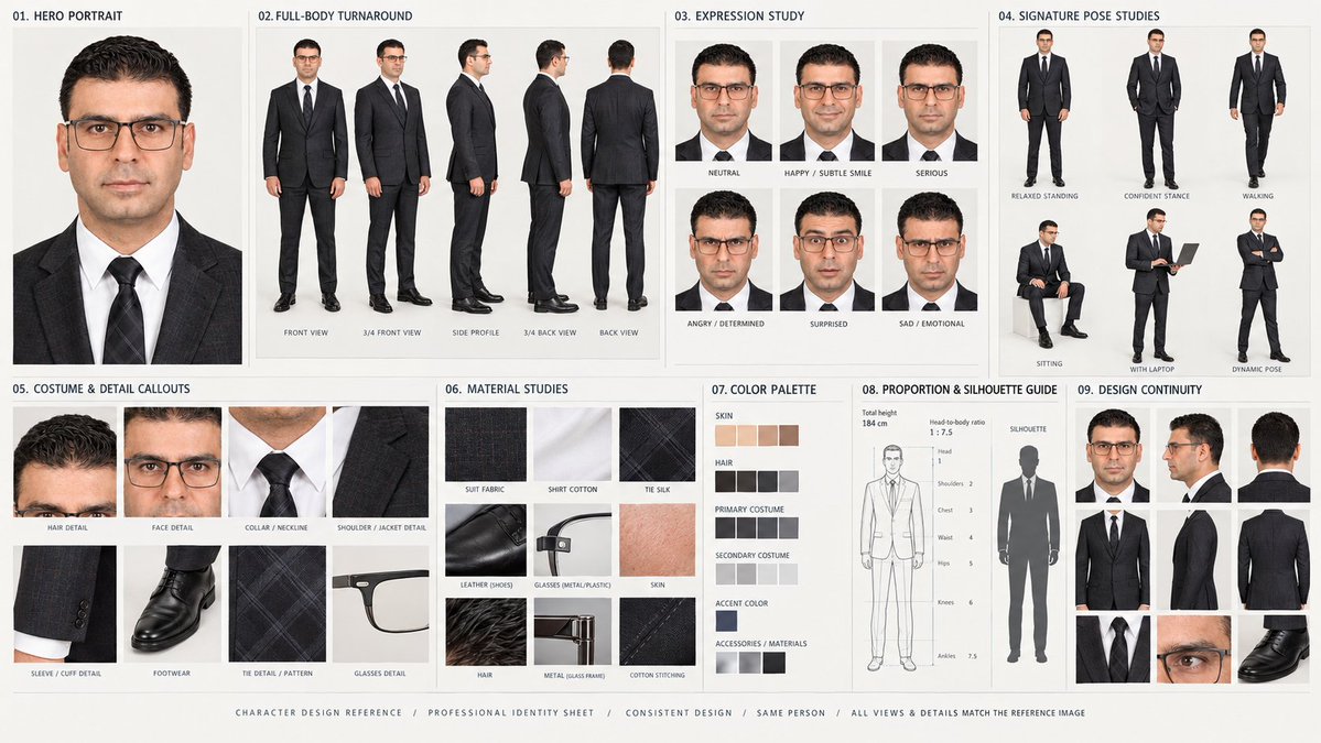 Reza__Neshat's tweet photo. I tested this prompt with #ChatGPT Images to create a professional character reference sheet from a single photo. #AIArt #CharacterDesign #CharacterSheet #CharacterReference #ChatGPTImages #GenerativeAI #ConceptArt #VisualDevelopment https://t.co/tPJY57wqOd