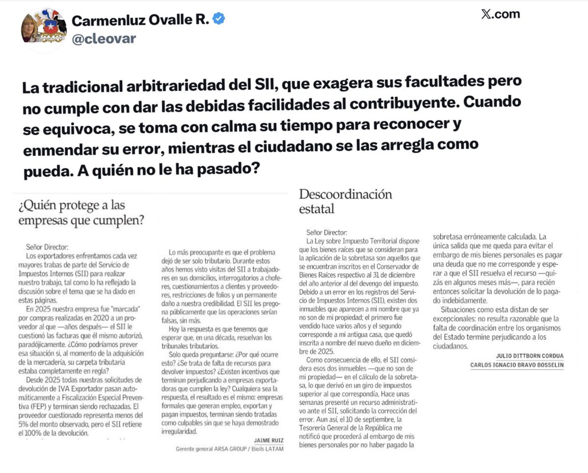 cleovar's tweet photo. Algo más sobre el SII. Adjunto a  mi posteo de ayer, carta a El Mercurio de hoy. Es un tema generalizado, antiguo y al que nadie (de los que podrían hacerlo) le han puesto coto.Salvo Bachelet, que removió al entonces director Jorrat, por “inmiscuirse” en el financiamiento irregular de la política. Pero ese es otro tema… no menos sucio.