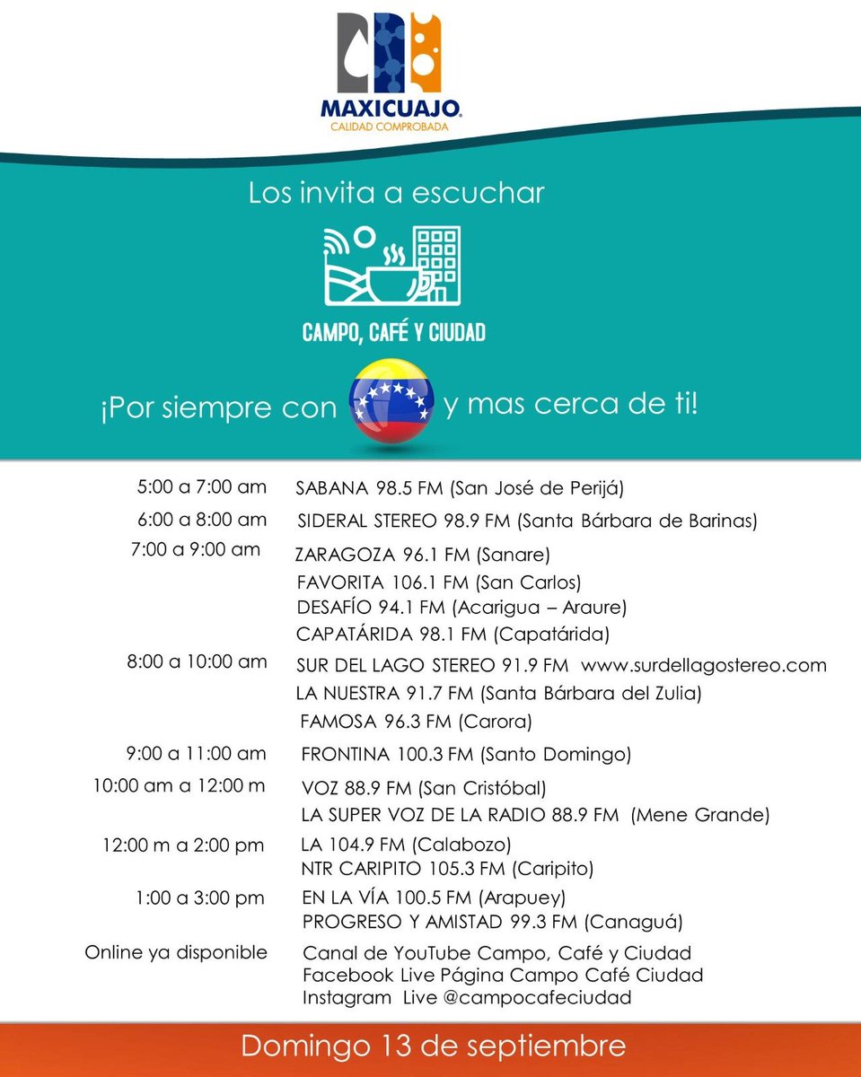 campocafeciudad's tweet photo. Hoy #Domingo #13Sep te invitamos a sintonizar una nueva edición de tu programa Campo, Café y Ciudad #Radio 

Puedes escucharnos por nuestras emisoras aliadas indicadas en el flyer 

#CampoCafeCiudad #Agricultura #Ganadería #Agroinnovación #Venezuela https://t.co/0sPICGP7dr