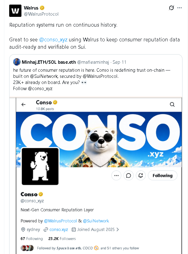 mafieaminhaj's tweet photo. Honestly, this made my day. 🥹💙

Seeing @WalrusProtocol recognize and repost my post about @conso_xyz feels really special.

I’ve been genuinely enjoying learning about Conso and sharing what they’re building around consumer reputation. https://t.co/ueFwFZghh4