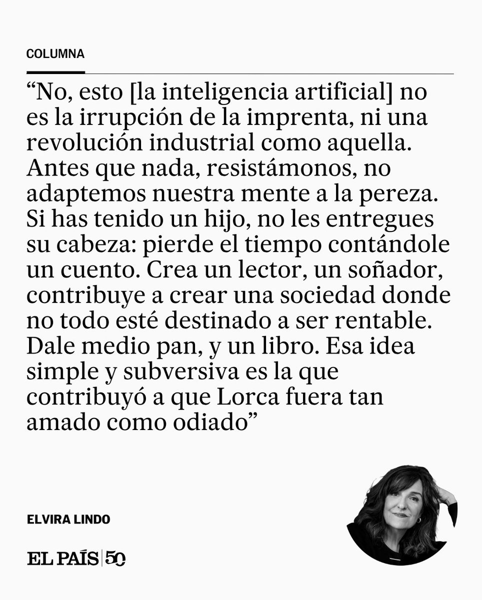 el_pais's tweet photo. "García Lorca lo dijo mejor que nadie: 'No sólo de pan vive el hombre. Yo, si tuviera hambre y estuviera desvalido en la calle no pediría un pan; sino que pediría medio pan y un libro", escribe Elvira Lindo https://t.co/QcOBdNc3z1 https://t.co/pW9zDMzwPJ