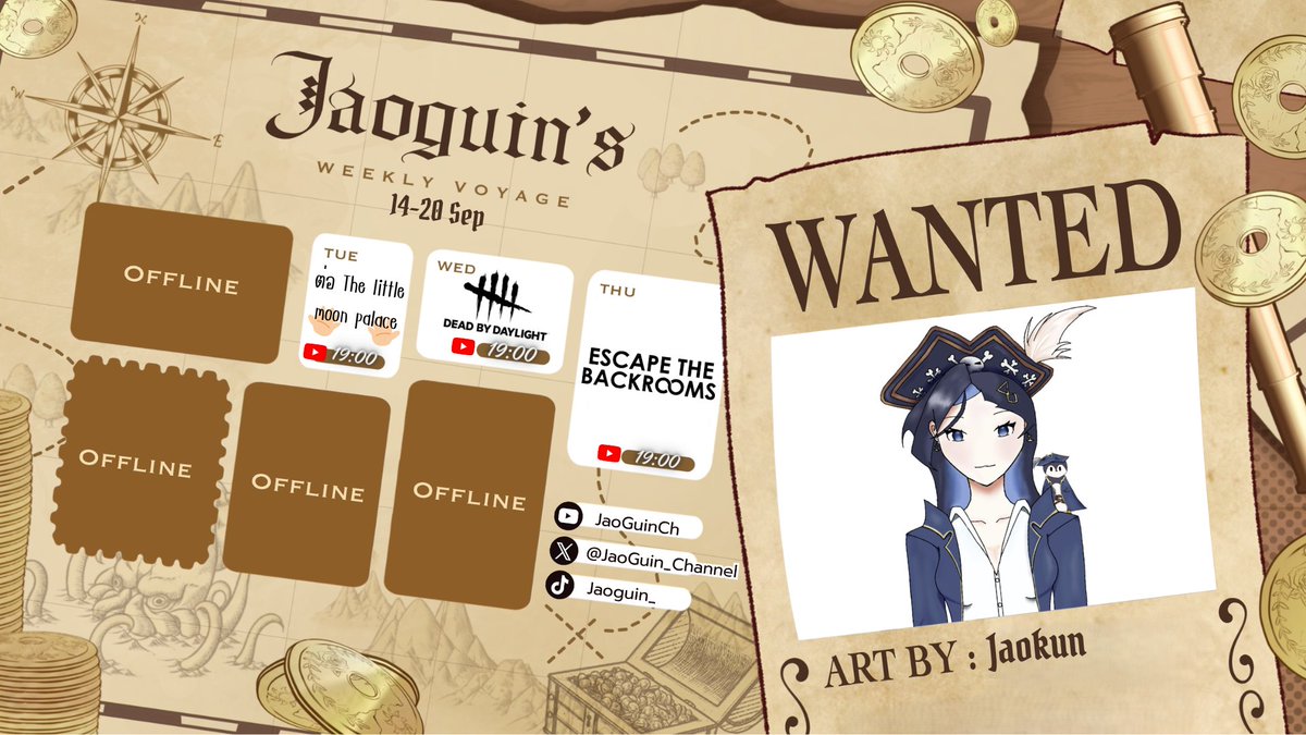 JaoGuin_Channel's tweet photo. ⚓ตารางเดินเรือสัปดาห์นี้ (14-20 Sep)🏴‍☠️ ทุกคน ฟังคำสั่งกัปตันซะดีๆ ตารางออกมาแล้ว ถ้าใครกล้าเบี้ยวไม่มาดู โดนจับโยนลงทะเลแน่!  วันอังคาร ต่อ The little moon palace วันพุธ Dead by Daylight ปั่นป่วนหนีผีกันต่อ และวันพฤหัสบดี Escape the Backrooms หาทางรอดให้ได้มั้ง! https://t.co/D59IavpT0I