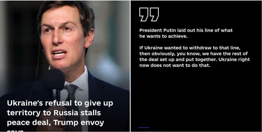 HavryshkoMarta's tweet photo. Kushner: “Give up the rest of Donbas, sign the peace deal, and we’ll give you money for reconstruction.”

Zelensky: “We will never give it up. Our people are there. Every life is precious. Just Peace. No rewarding aggression. Blah, blah, blah.”

Meanwhile: asking the EU for an additional $27 billion, cooking up fresh kickback schemes with his pals, posting bail for others arrested on corruption charges, and keeping the checkbook warm for those who haven’t been arrested yet.

Why stop a war when it isn’t your kids —or your friends’ kids — doing the dying?

Better still, wrap the whole thing in noble language about patriotism, justice, “not appeasing the aggressor,” and all the other morally immaculate slogans that sound particularly stirring when somebody else is paying for them in blood.

And, naturally, the Western politicians bankrolled by the military-industrial complex will applaud these “moral arguments” from a very safe distance. After all, it isn’t their sons being bundled into vans and shipped off to the meat grinder.

Looks like the bloody show will run for a while yet—until the people who designed, financed, managed, and profited from “Project Ukraine” finally decide to pull the plug.

The beauty of modern geopolitics: the sermons are about principles, the invoices are about billions, and the body bags belong to somebody else.