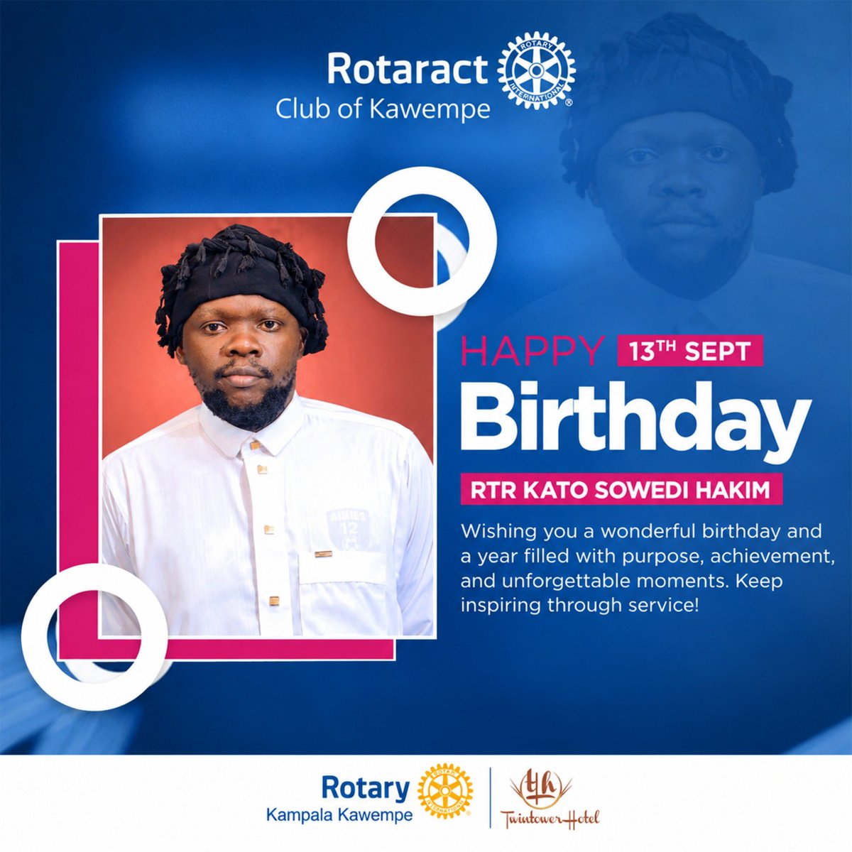 RctKawempe's tweet photo. Double celebration today!
Wishing RTR Kato Sowedi Hakim and our Charter President, CP Edrine Serwakulya, a year full of purpose, achievement, and endless joy. 
Thank you for inspiring us through service! 🙌

#RotaractKawempe https://t.co/W40uAB1gjb