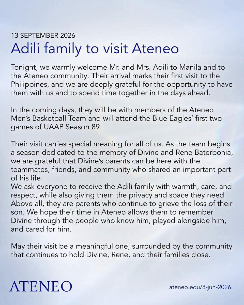 TeamAMDG's tweet photo. "Tonight, we warmly welcome Mr. and Mrs. Adili to Manila and to the Ateneo community. Their arrival marks their first visit to the Philippines.

In the coming days, they will be with members of the Ateneo Men’s Basketball Team and will attend the Blue Eagles’ first two games..." https://t.co/iUXURp83xr