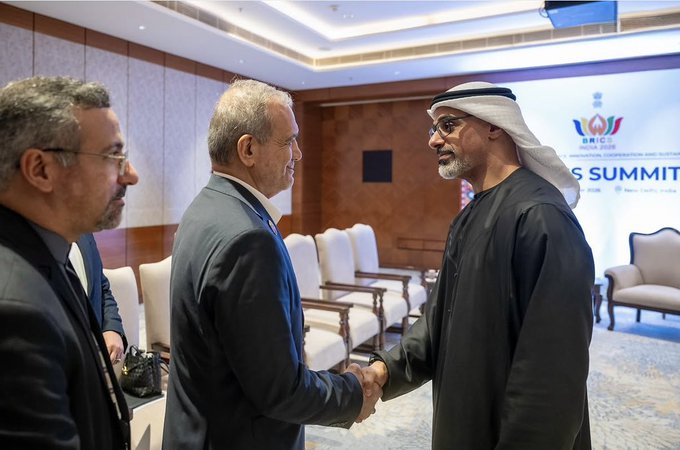 IranIntl_En's tweet photo. Iranian President Masoud Pezeshkian met Abu Dhabi Crown Prince Sheikh Khaled bin Mohamed bin Zayed on the sidelines of the BRICS summit, UAE presidential adviser Anwar Gargash said on Sunday.

Gargash said the meeting, held as part of the crown prince’s talks with participating leaders, reflected the UAE’s approach of combining deterrence with diplomacy.

“Neither can function properly without the other,” Gargash said. “Deterrence strengthens the credibility of diplomacy, while diplomacy succeeds when it begins from a position of parity and capability.”

He added that Pezeshkian had adopted “balanced and rational” positions throughout the prolonged crisis, saying those positions “cannot be ignored at this critical stage.”