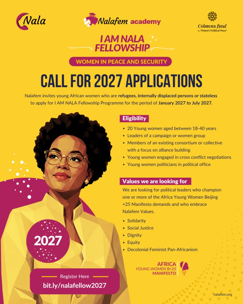 opportunitiesfy's tweet photo. 🌍 I AM NALA Fellowship 2027: Nalafem invites young African women to apply for this leadership fellowship. 📅 Deadline: 31 Oct 2026 🔗 https://t.co/LyGkGmetHS 

#IAMNALA #Fellowship2027 #AfricanWomen https://t.co/r1BjBW50WI
