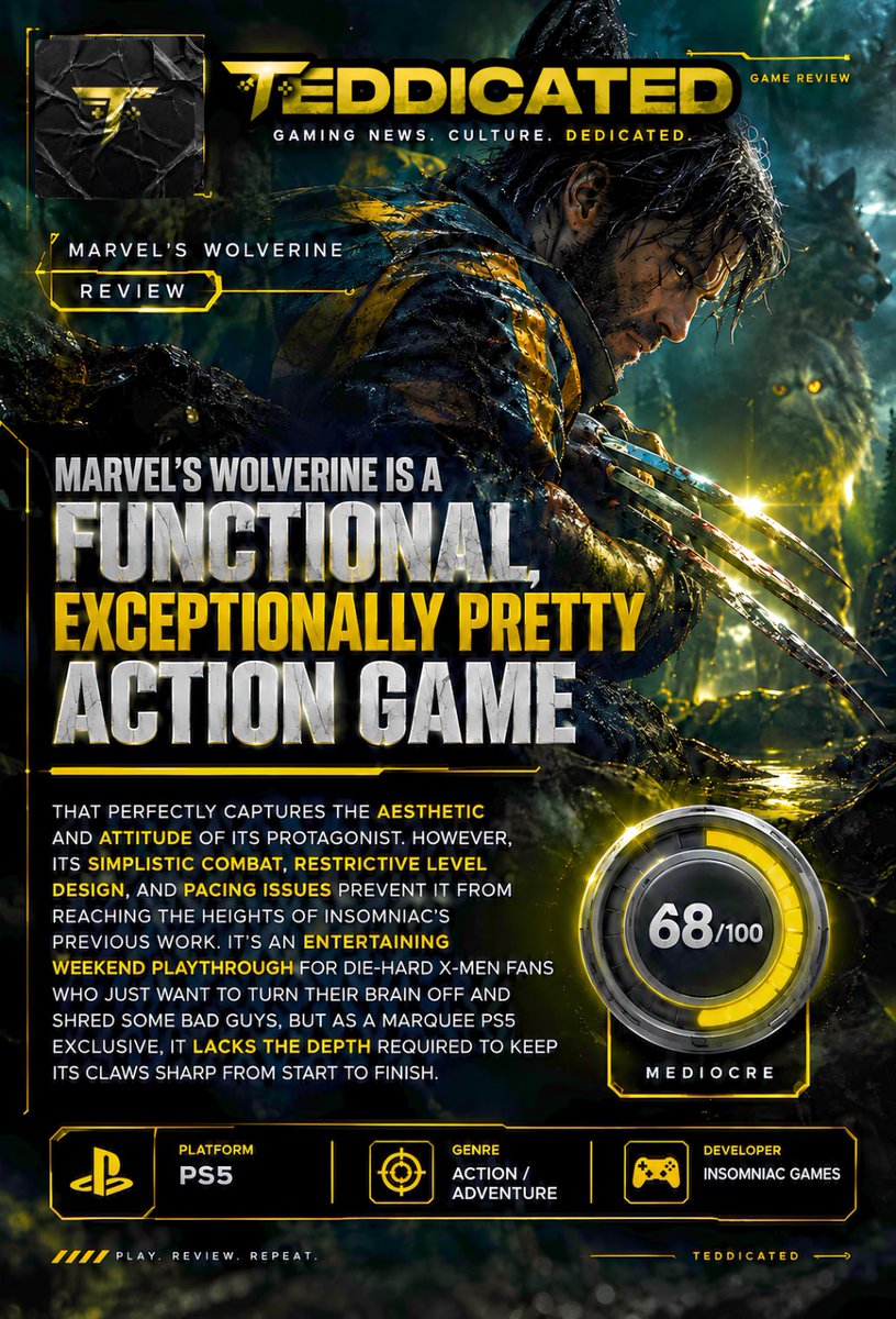 Teddicated's tweet photo. Marvel Wolverine lands a disappointing 68/100, falling well short of the critical bar set by the studio's Spider-Man franchise. @insomniacgames 

#MarvelsWolverine #Wolverine #InsomniacGames #PlayStation5 #PS5 #GameReview #GamingCommunity #MarvelGames #XMen #GamingNews https://t.co/giaoyzRtol