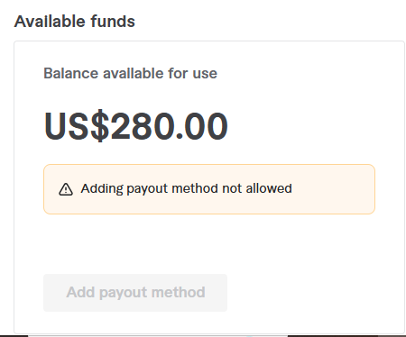 joebuk01's tweet photo. @FiverrSupport @FiverrSupport  I still can’t withdraw my $280. It says “Adding payout method not allowed” and the button is disabled. Could you please confirm whether there is any account-level payout/security restriction preventing me from adding my own payout method? Ticket #14770026 https://t.co/1oklftMRYj