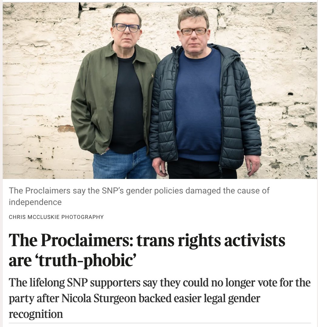 Mark1957's tweet photo. Craig and Charlie Who?

Sturgeon acolytes in the SNP are trying to pretend Craig and Charlie Reid don't exist after the brothers -  better known as The Proclaimers - proclaimed that trans activists are 'truth-phobes' over self-ID and men declaring they have magically become women https://t.co/eNN6sGLTEN