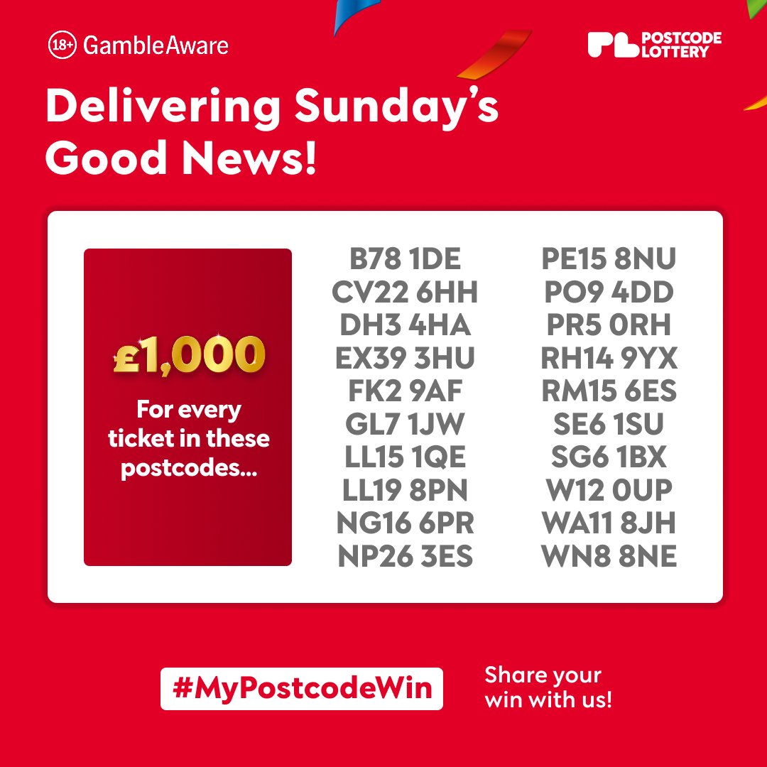 PostcodeLottery's tweet photo. The weekend is wrapping up but the good vibes continue ✨

Players from these TWENTY postcodes just won £1,000 in today's Daily Prize. Congrats! https://t.co/VT9QF96F5b