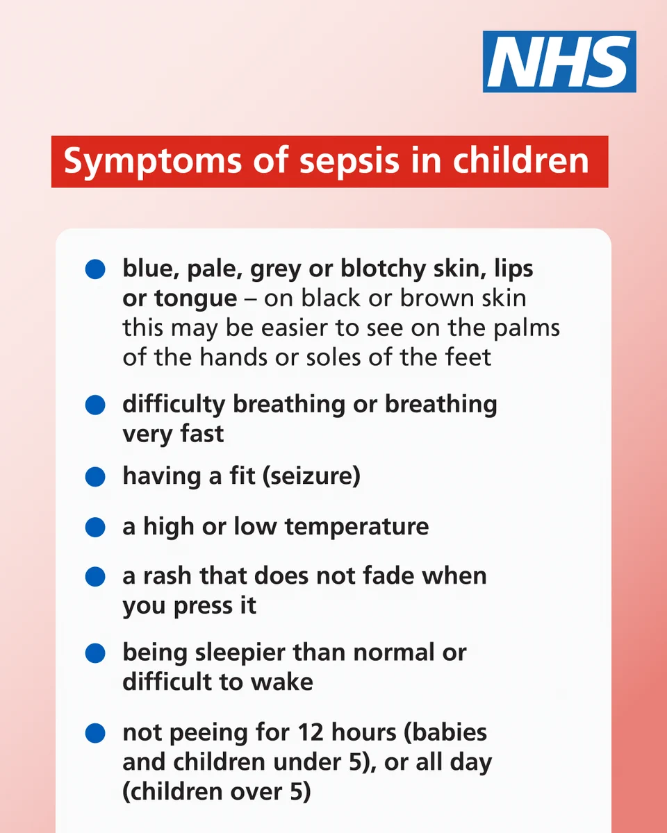 Text reads: 'Symptoms of sepsis in children; blue, pale, grey or blotchy skin, lips or tongue - on black or brown skin this may be easier to see on the palms of the hands or soles of the feet; difficulty breathing or breathing very fast; having a fit (seizure); a high or low temperature; a rash that does not fade when you press it; being sleepier than normal or difficult to wake; not peeing for 12 hours (babies and children under 5), or all day (children over 5).'