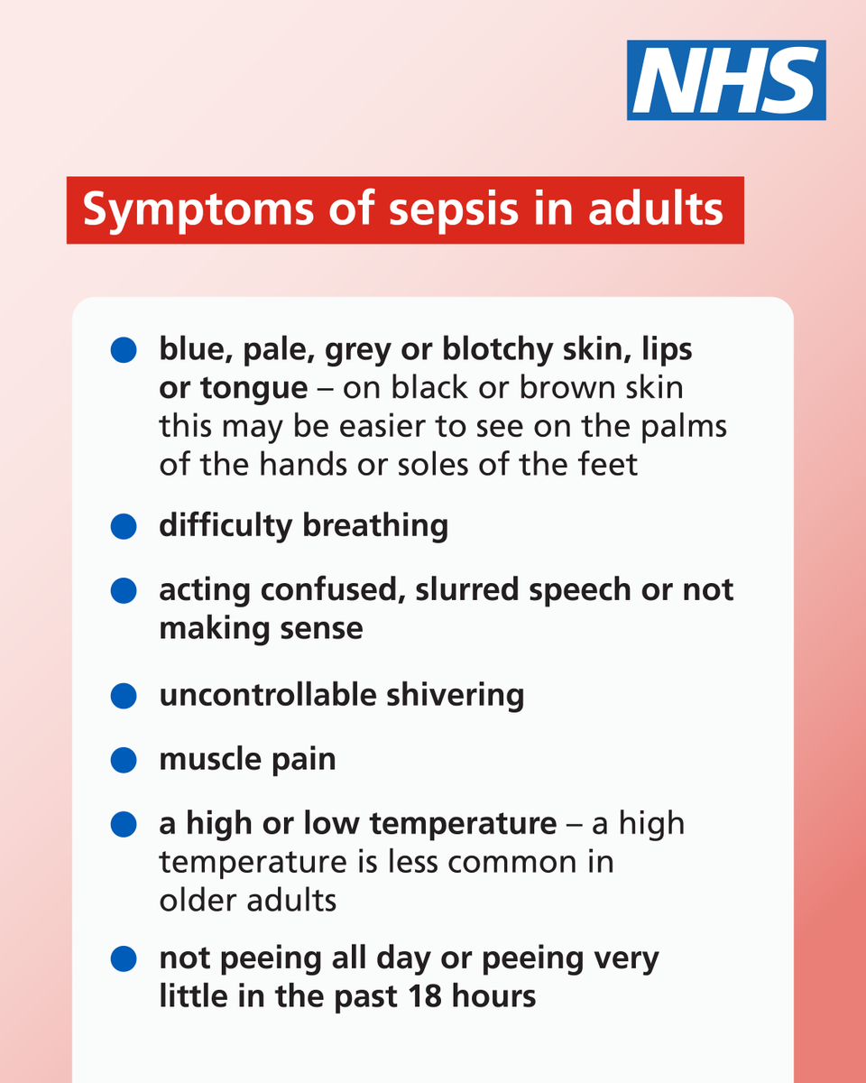 NHSuk's tweet photo. Today is World Sepsis Day. 

Sepsis is a life-threatening reaction to an infection which needs urgent treatment in hospital. 

It can be hard to spot, so make sure you know the symptoms. ⬇️ https://t.co/LQPJ74onf8