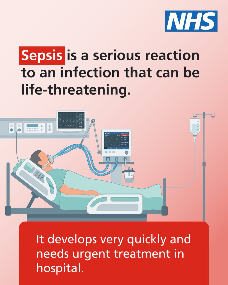 NHSuk's tweet photo. Today is World Sepsis Day. 

Sepsis is a life-threatening reaction to an infection which needs urgent treatment in hospital. 

It can be hard to spot, so make sure you know the symptoms. ⬇️ https://t.co/LQPJ74onf8