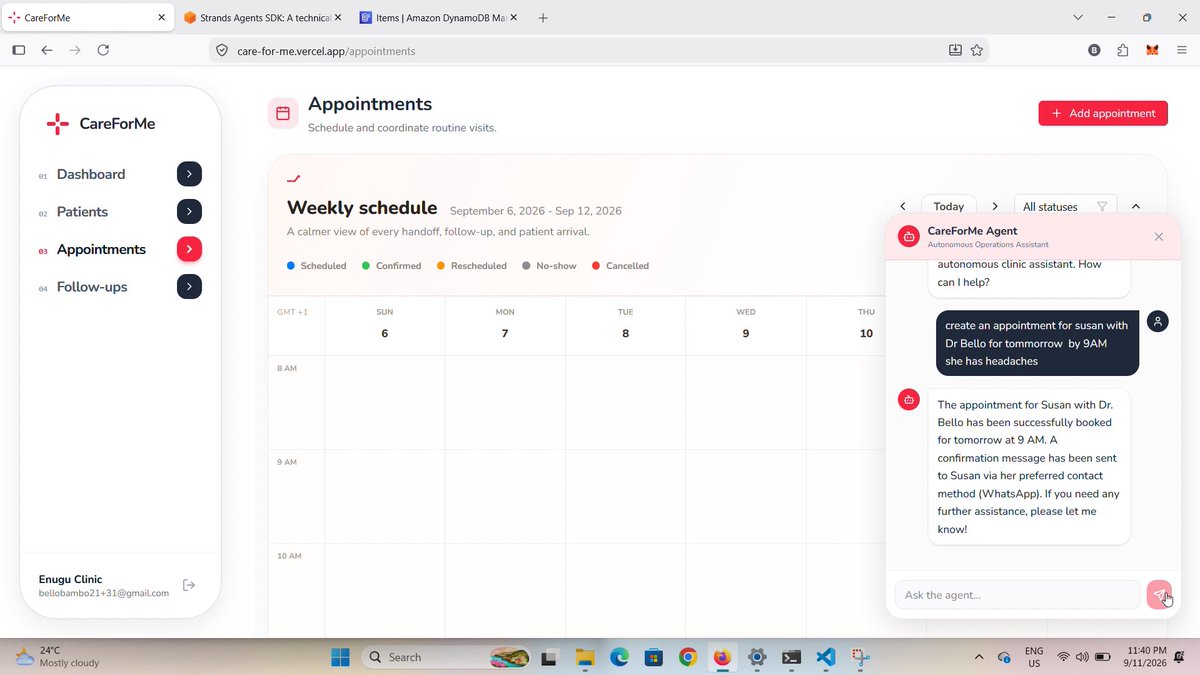 Jhamiyou's tweet photo. Automate the routine, Escalate the exception With CareForMe - Agents for Humans. ๐
CareForMe autonomously handles patient appointments reminders and notifies doctors when critical issues arise. Powered by Strands Agent SDK & @AWS. #AI #HealthcareAI #AgentsForHumans https://t.co/Awk7DOdJ6i