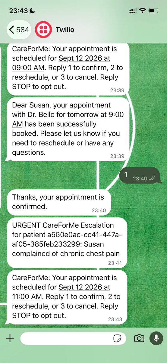 Jhamiyou's tweet photo. Automate the routine, Escalate the exception With CareForMe - Agents for Humans. ๐
CareForMe autonomously handles patient appointments reminders and notifies doctors when critical issues arise. Powered by Strands Agent SDK & @AWS. #AI #HealthcareAI #AgentsForHumans https://t.co/Awk7DOdJ6i
