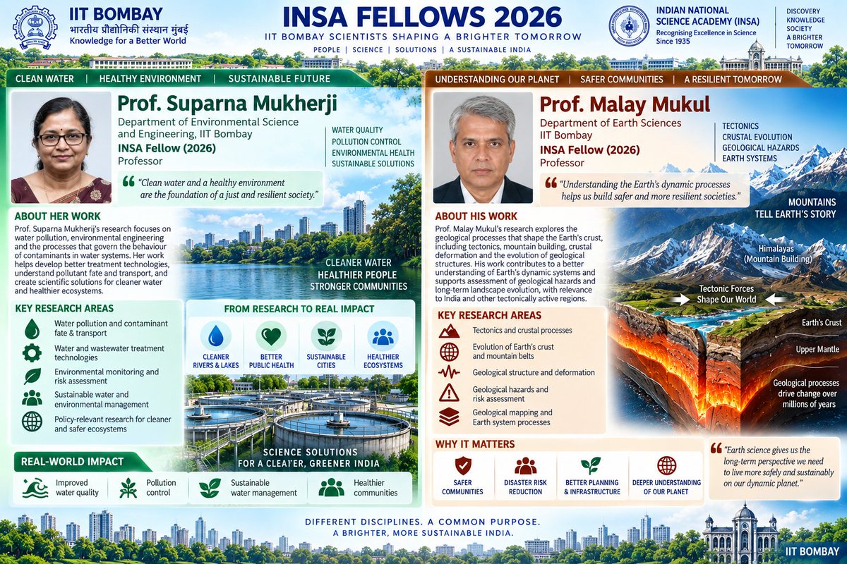 niketang's tweet photo. Six IIT Bombay professors have been elected Fellows of the Indian National Science Academy (INSA), recognizing excellence in research across microbiology, AI, climate science, chemistry, environmental engineering and Earth sciences.

Prof. Anirban Banerjee - Biosciences & Bioengineering
Prof. Supratik Chakraborty - Computer Science & Engineering
Prof. Subimal Ghosh - Civil Engineering & Climate Studies
Prof. Debabrata Maiti - Chemistry
Prof. Suparna Mukherji - Environmental Science & Engineering
Prof. Malay Mukul - Earth Sciences

A proud moment for Indian science! 🇮🇳🔬

#IITBombay #INSA #IndianScience #Research #Innovation