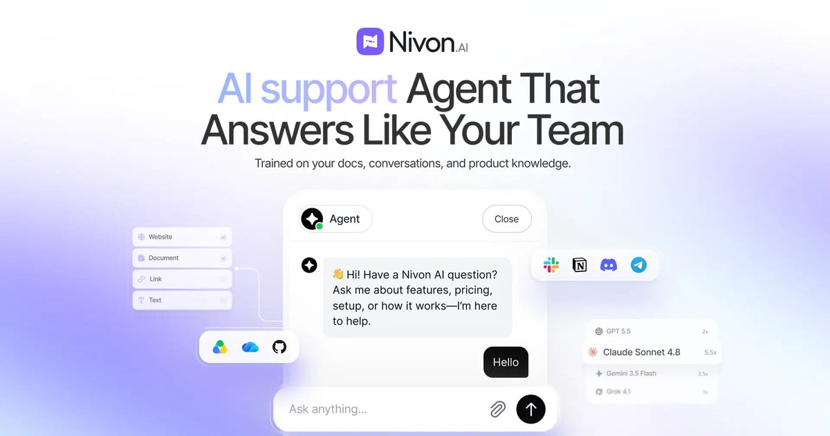 PimjoHQ's tweet photo. We never planned to build a support tool.

We shipped a dozen products and the queue grew with every launch. Same questions over and over: refunds, integrations, how to add new members, and so on. Every answer was already in our docs. Customers still waited hours.

So we built Nivon. AI support agents trained on your site, docs, and past tickets. When it doesn't know, it hands off to your team with the full thread.

45 days on Aymo and Meku before we sold it to anyone: tickets reaching a human dropped 73%.

Simple, affordable pricing with no per seat fee, and a decent free plan that never expires.

https://t.co/wfqH75J79U