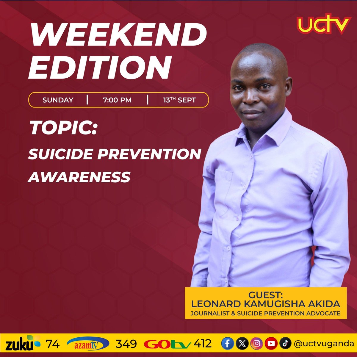 akida_leonard's tweet photo. MEDIA VISIT: 📺 Today I will be hosted on Uganda Catholic Television - UCTV today at 7:00 PM for the Weekend Edition as we unpack key issues surrounding suicide prevention and awareness.
Follow @uctvuganda on all social media platforms to stay updated with the latest information. https://t.co/v88HG1n7hH