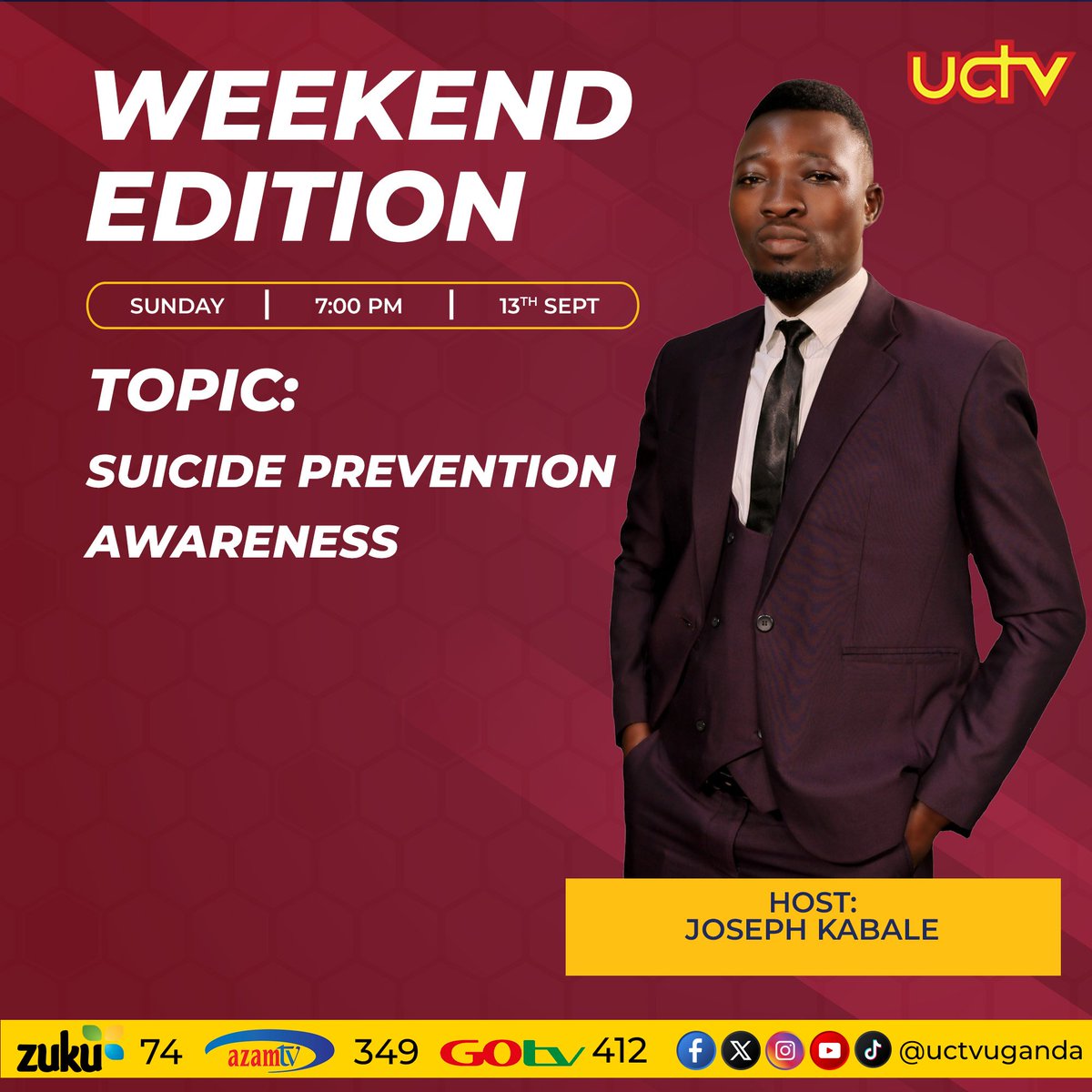 akida_leonard's tweet photo. MEDIA VISIT: 📺 Today I will be hosted on Uganda Catholic Television - UCTV today at 7:00 PM for the Weekend Edition as we unpack key issues surrounding suicide prevention and awareness.
Follow @uctvuganda on all social media platforms to stay updated with the latest information. https://t.co/v88HG1n7hH