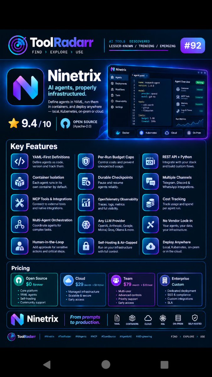 Tool_radarr's tweet photo. AI agents need infrastructure, not just prompts.

Ninetrix lets you define agents in YAML, isolate them in containers, add MCP tools, budgets, human approvals, observability &amp; multi-agent workflows—then deploy anywhere.

⭐ 9.4/10

#Ninetrix #ToolRadarr https://t.co/dMyvuiJGVI