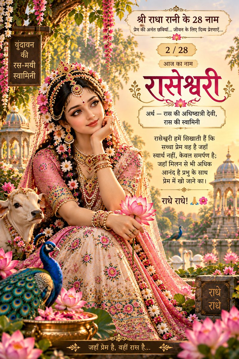 the_gbsir's tweet photo. 🌸 श्री राधा रानी के 28 नाम — 2/28
आज का नाम — “रासेश्वरी” 🙏

अर्थ:रास की अधिष्ठात्री देवी, रास की स्वामिनी।
रासेश्वरी हमें प्रेम का सबसे पवित्र रूप सिखाती हैं—
 जहाँ प्रेम में स्वार्थ नहीं, अधिकार नहीं, केवल समर्पण होता है। ❤️

जब मन अपने अहंकार और अपेक्षाओं से मुक्त हो जाता है,

 तभी प्रेम वास्तव में भक्ति बनता है।

हे राधे! मेरे हृदय में भी ऐसा प्रेम जगाइए,
 जिसमें “मैं” नहीं, केवल आपका स्मरण रहे। 🌸
राधे राधे! 🙏🌸
#radha
#vrindavan
