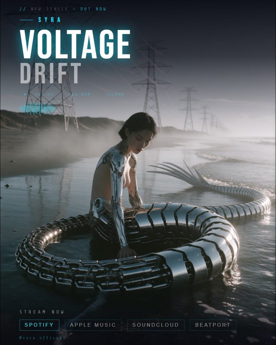 ewertoncai's tweet photo. VOLTAGE DRIFT. ⚡🌊
She doesn’t sing about the future. She *is* the future. Meet SYRA — a fictional techno artist we built entirely in latent space. The chrome exoskeleton dissolving into tidal circuitry. The transmission towers humming her BPM https://t.co/G9h05xgwAA