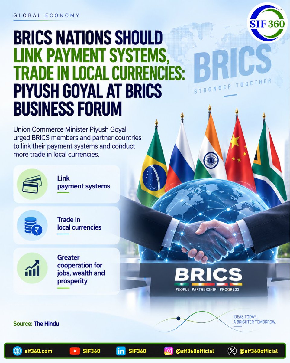 sif360official's tweet photo. BRICS nations should link payment systems and trade more in local currencies: Piyush Goyal

The proposal aims to strengthen cross-border payment connectivity and deepen economic cooperation among BRICS members and partner countries.

A significant conversation as the global trade architecture continues to evolve.

Source: The Hindu

#BRICS #India #GlobalEconomy #SIF360