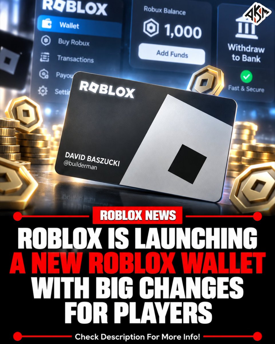 aksmworld's tweet photo. 🚨 Roblox News: Roblox is releasing Roblox Wallet, a new way for developers to instantly receive money and transfer it directly to their bank.

Players will also be able to buy Robux at a discounted rate and get a physical Roblox Card to make purchases anywhere. https://t.co/RNgldHqgSy