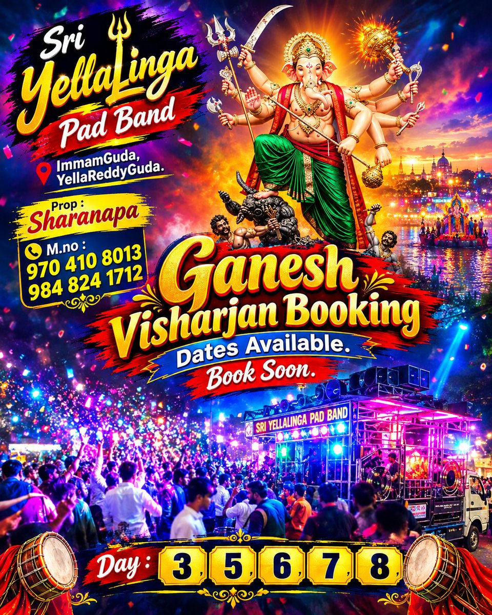 sharanbassappa's tweet photo. Sri YellaLinga Pad Band.
ImmamGuda, YellaReddyGuda. 

Prop : Sharanappa
https://t.co/f5WbJkyzdp : 970 410 8013
             984 824 1712

Ganesh Visharjan Booking Dates Available.
Book Soon : Day: 3, 5, 6, 7,8. https://t.co/mN6iisAqAF