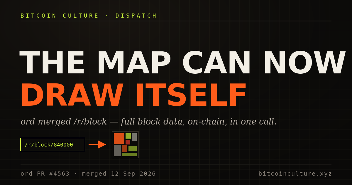 Dom__burns's tweet photo. For years you couldn't draw an honest Bitmap on-chain — an inscription couldn't read a block's transactions without knowing every txid.

This week ord merged /r/block: full block data, one recursive call. 

Read more 👇 

https://t.co/RtZmCmfx0W

#bitmap #BIC #DOM https://t.co/gtWFyI0lhq